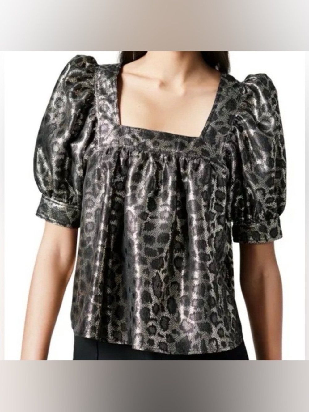 Smythe Square Neck Silk Blend Blouse Animal Print Metallic Leopard Puff Sleeve S
